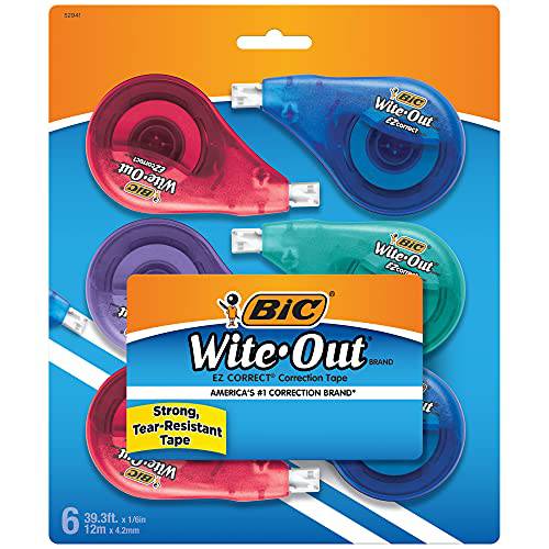 빅, BIC Wite-Out 브랜드 EZ EZ 수정테이프, 화이트, 화이트, 고속,  클린&  간편 To 사용, Tear-Resistant 테이프, 6-Count