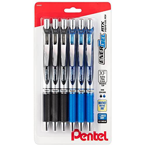 펜tel Energel 0.3 MM 울트라 파인,가는 Rtx 개폐식 리퀴드 젤펜, 잉크펜 - 바늘 팁 - 6 팩 Of 3 블랙 잉크& 3 블루 잉크 디럭스 펜S