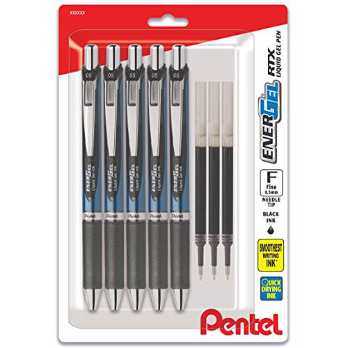 Pentel Energel 디럭스 RTX 0.5 mm 바늘 팁 펜 - 개폐식 리퀴드 젤펜, 잉크펜 세트 - 팩 of 5 블랙 펜 3 리필용