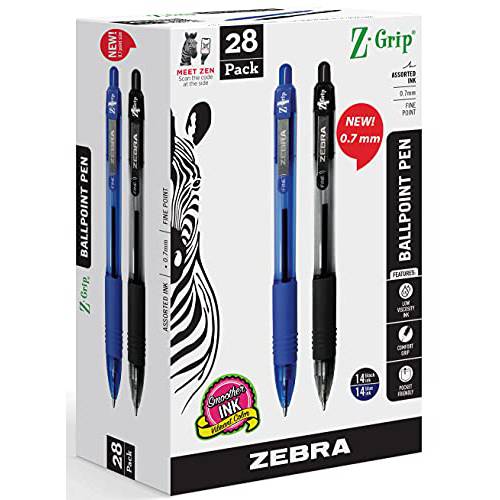 Zebra 펜 Zebra 펜 Z 그립 - 28 팩 잉크 펜, 개폐식 볼펜 Z-grip 파인포인트팁, 가는 심, 가는 촉 0.7 mm 14 블랙&  블루 필기 학교 대학 오피스 홈 사용., 28 Count (팩 of 1)