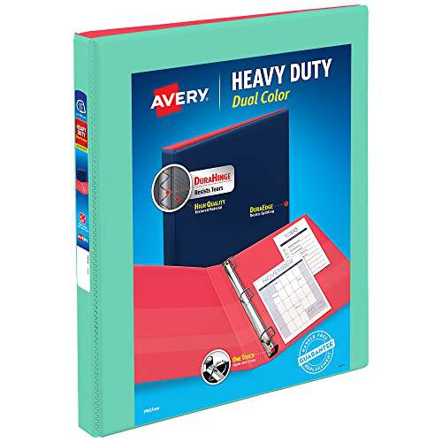 Avery Heavy-Duty 듀얼 컬러 3 링 바인더, 1/ 2 인치 사선형 링, 민트/ 코랄 뷰 바인더 (17881)