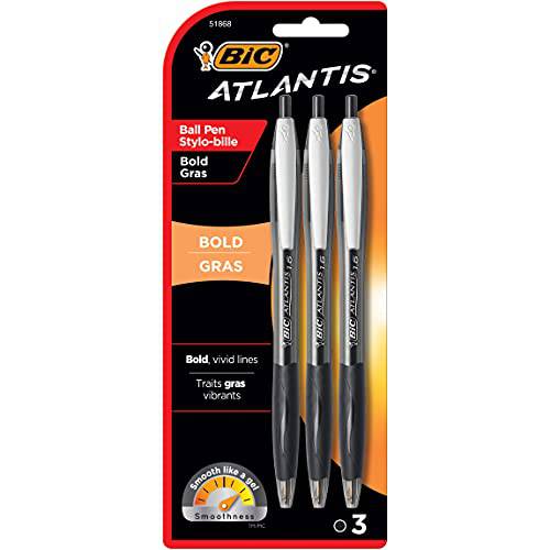 빅, BIC Atlantis 볼드,진한 개폐식 볼 펜,  굵은심 (1.6mm), 블랙, 3-Count